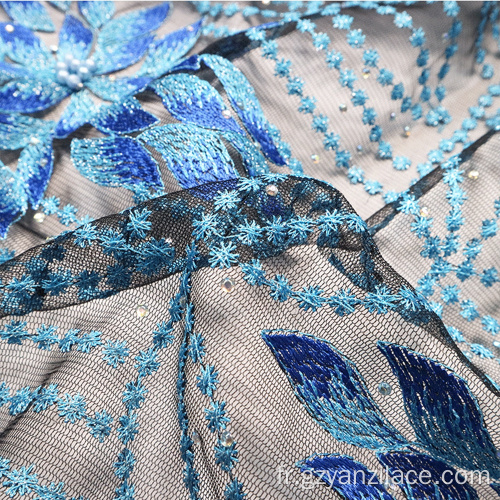 Tissu Dubai Lace avec dentelle et perles bleues